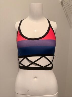 Strappy Colorblock Sports Bralette - Pink, Purple & Blue
